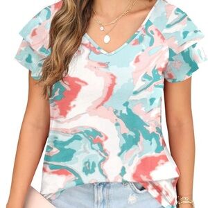 Multicolor V-Neck Ruffle Sleeve Top
